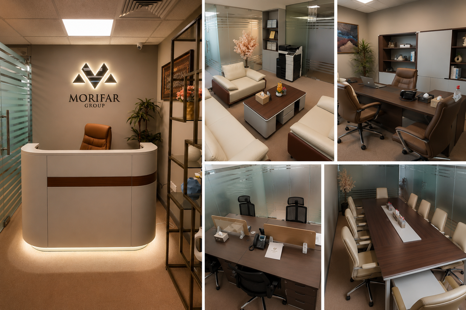 Morifar Group Dubai office — reception, client lounge, executive workspace, meeting room and boardroom